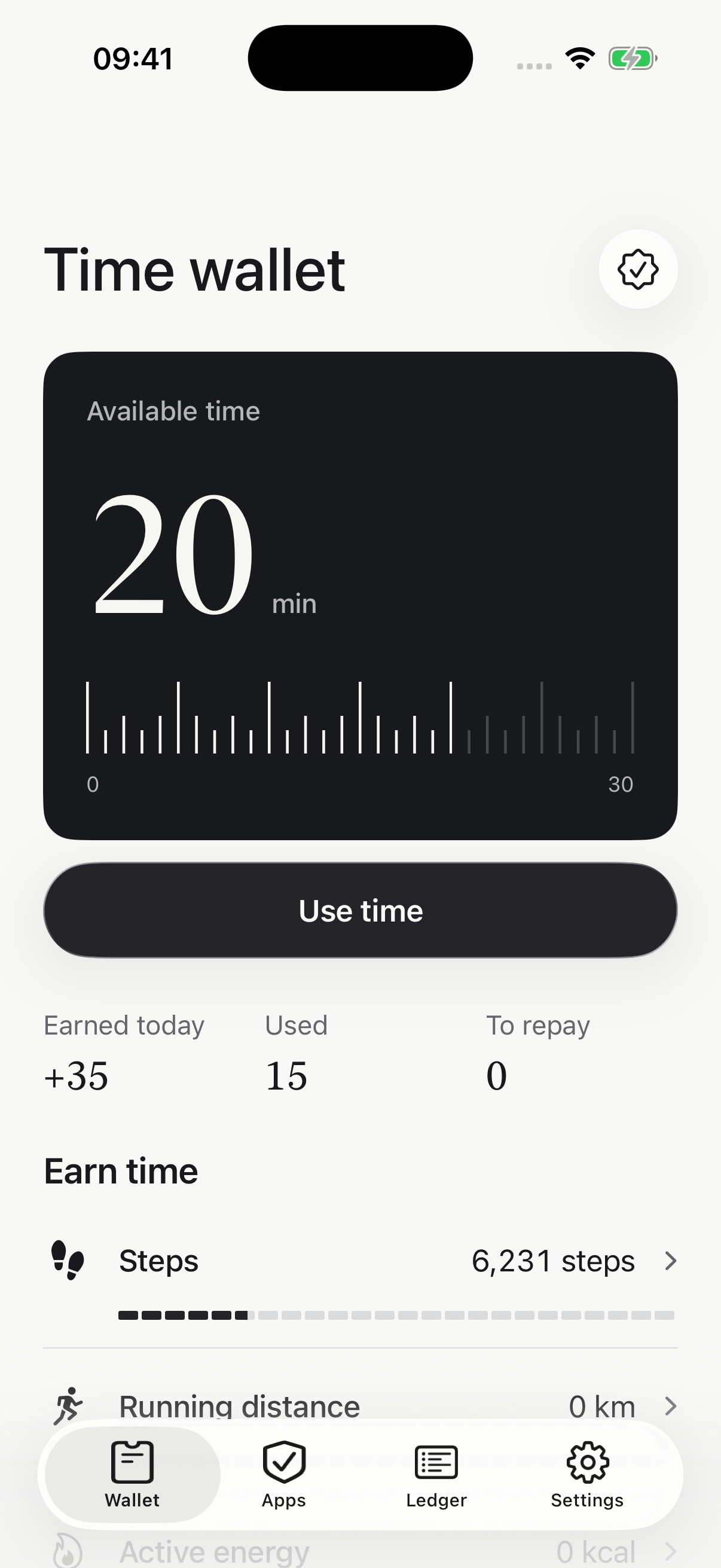 Time wallet with fictional demonstration balance